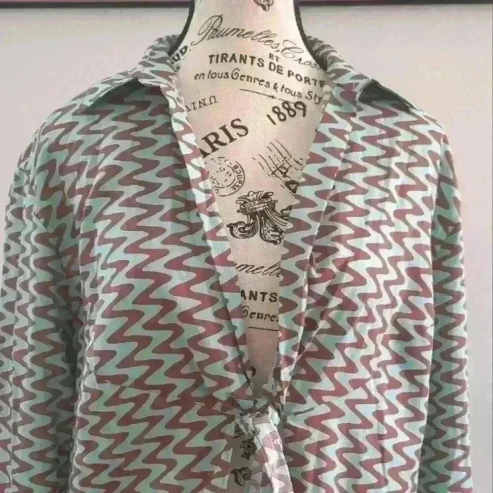 ZARA | Women's Green/Brown Cotton Zigzag Collard Tie Up Long Sleeved Dr… - Picture 3 of 5